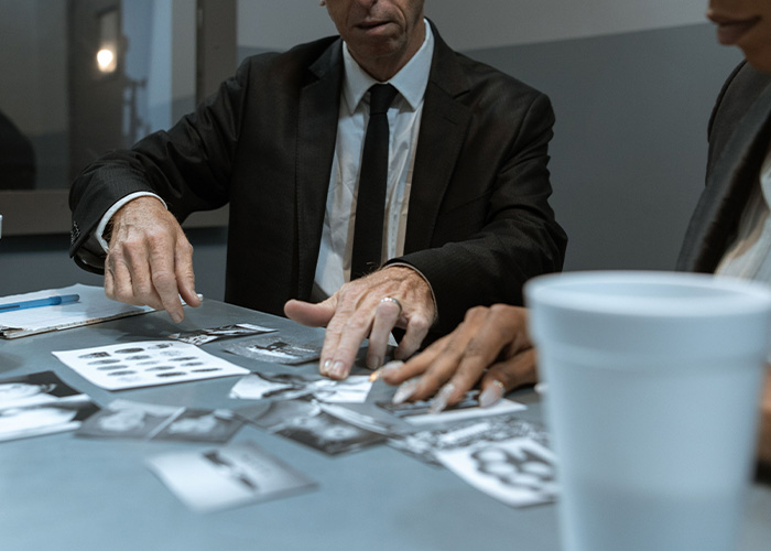 Detectives examining photos, investigating the kidnapping and the husband's arrest. Detectives examining photos, investigating the kidnapping and the husband's arrest.