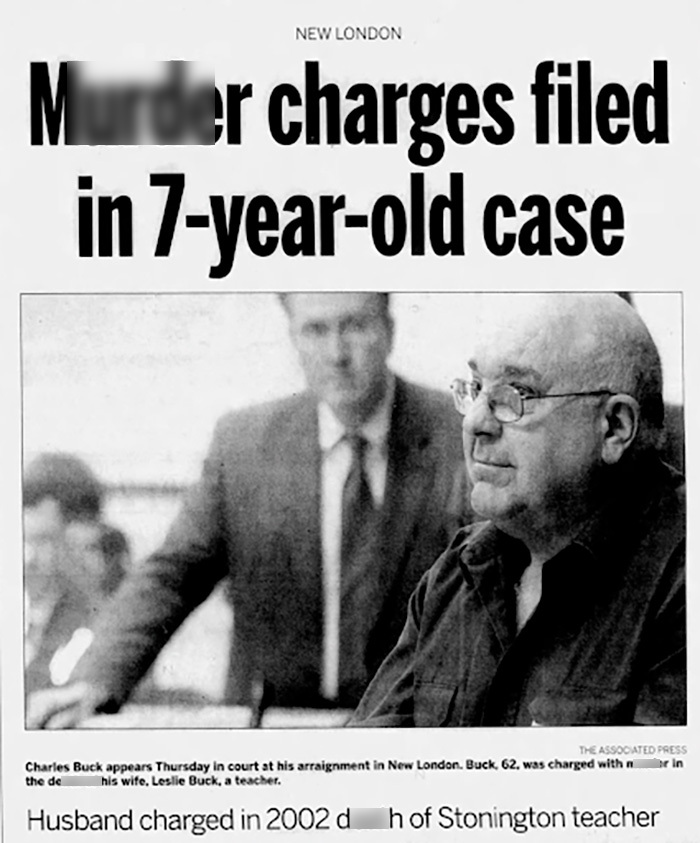Newspaper headline: M****r charges filed in 7-year-old case, husband arrested for wife's d***h. Newspaper headline: M****r charges filed in 7-year-old case, husband arrested for wife's d***h.