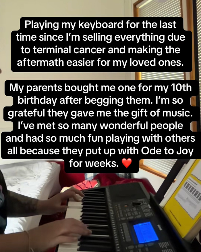 A terminally ill woman playing a keyboard for the last time before selling it due to terminal cancer. A terminally ill woman playing a keyboard for the last time before selling it due to terminal cancer.