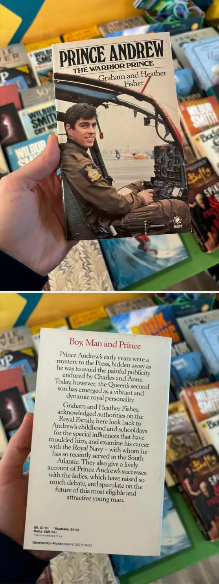 A book cover for Prince Andrew: The Warrior Prince, with text on the back cover, showing content that aged poorly.