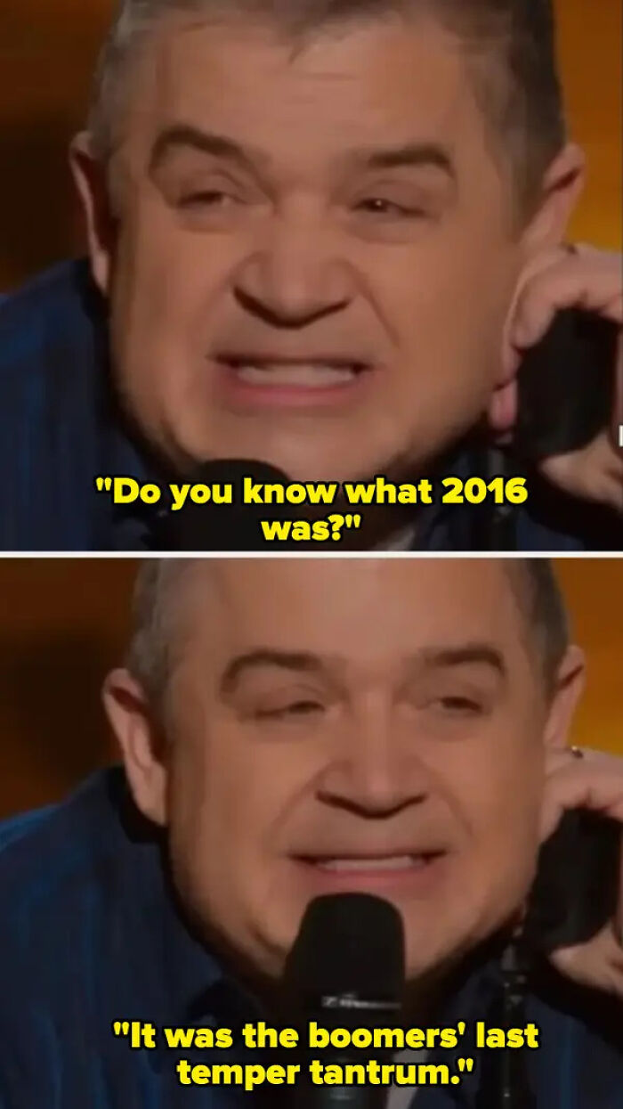 Patton Oswalt from a comedy special, with text bubbles saying, Do you know what 2016 was? It was the boomers last temper tantrum, which aged poorly.