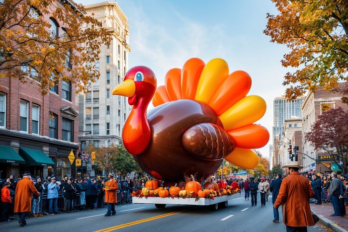 A large, colorful turkey balloon parade floats down a city street, a sign from the universe during the holiday season.