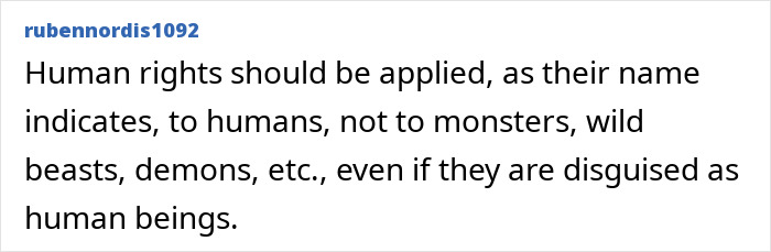 A comment about human rights not applying to monsters, highlighting the disturbing discovery in a baby stroller.