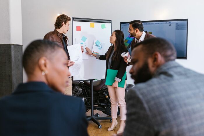 Diverse group collaborating around a whiteboard in a modern office, symbolizing America's innovative workforce.