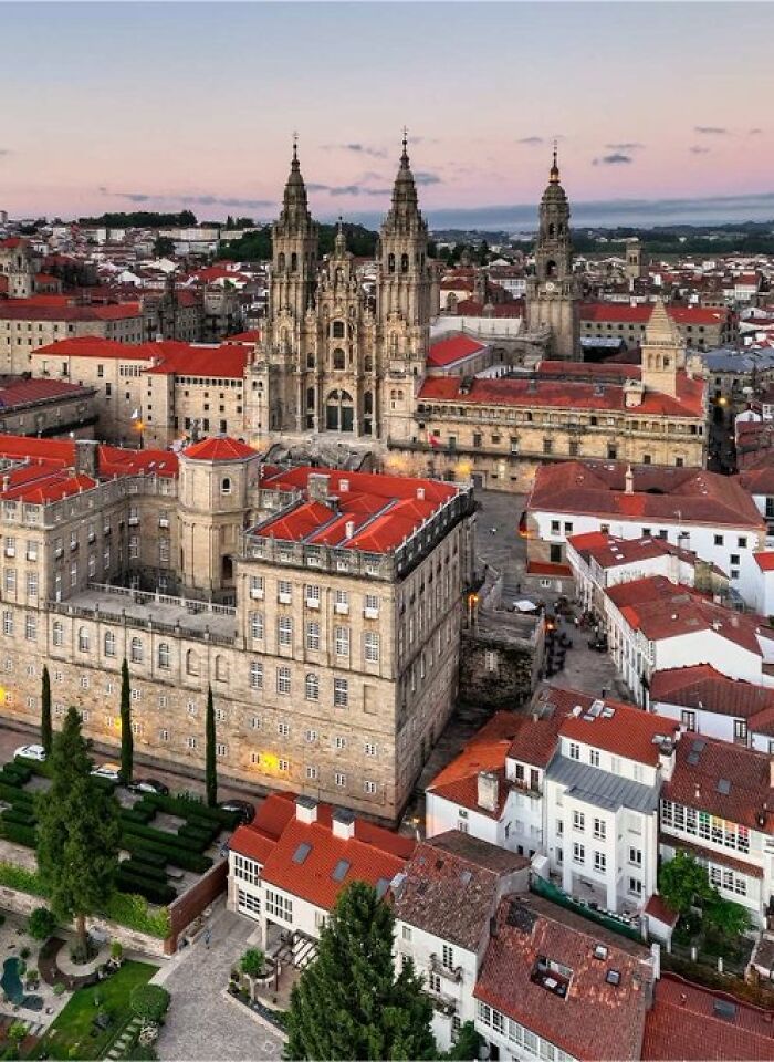 Panoramic view of Santiago de Compostela cathedral, an example of buildings with character dominating the skyline.