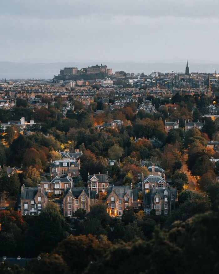 Aerial view of a city with many buildings nestled among trees, a castle visible in the background, showing urban character.