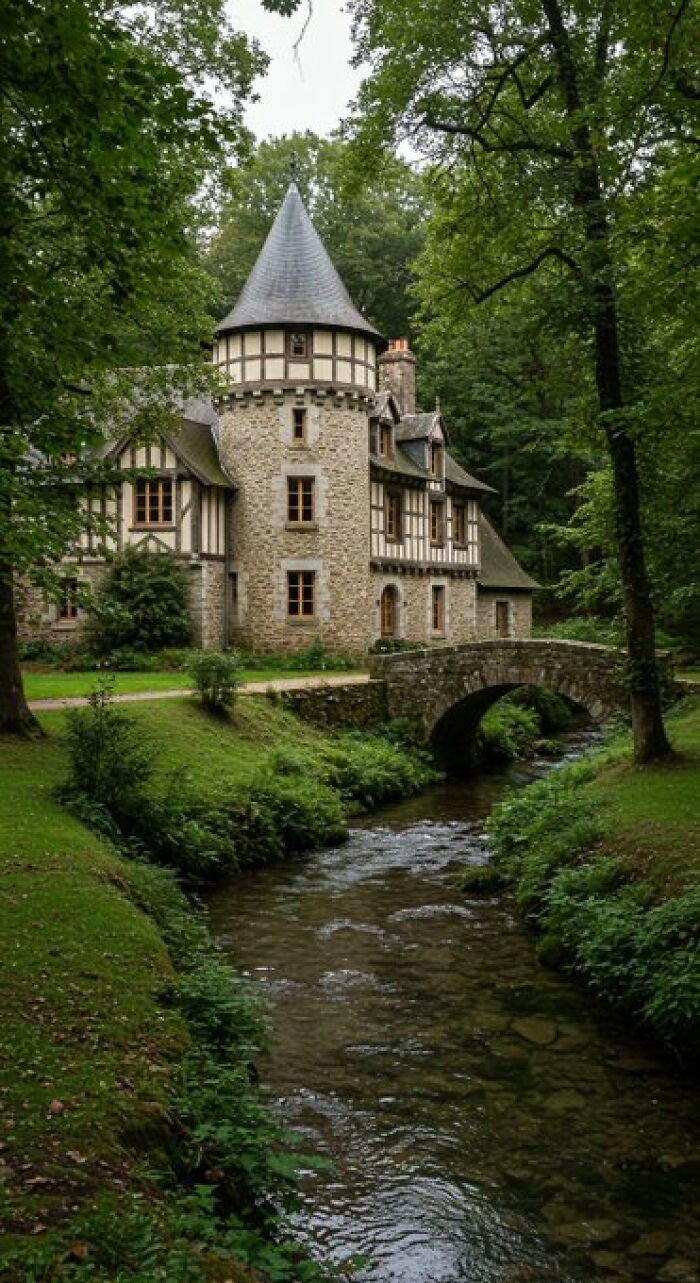 A quaint stone house with a conical roof next to a stream and stone bridge, displaying its character.