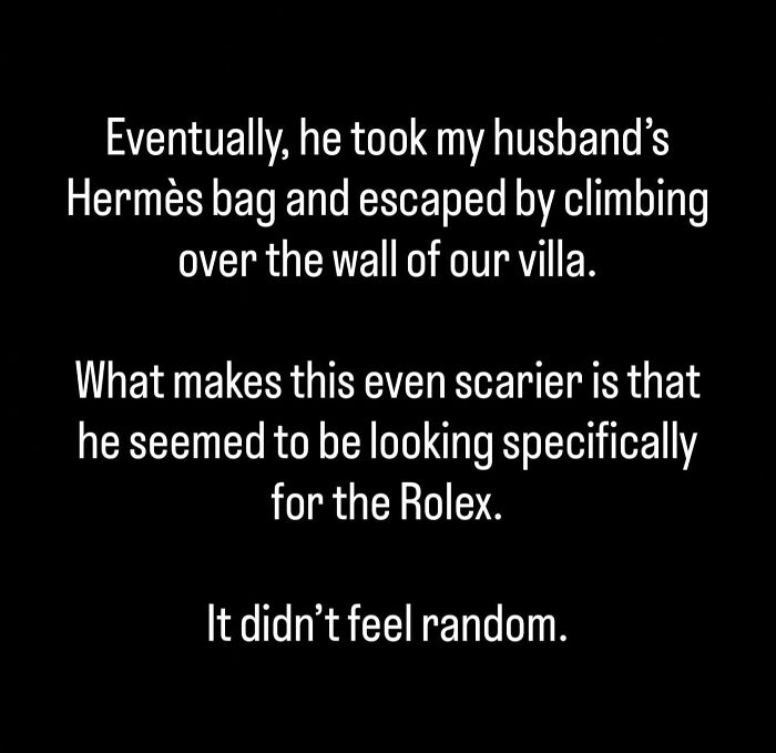 Text detailing a scary incident where a man stole an Herm&egrave;s bag and seemed to target a Rolex during a Bali experience.