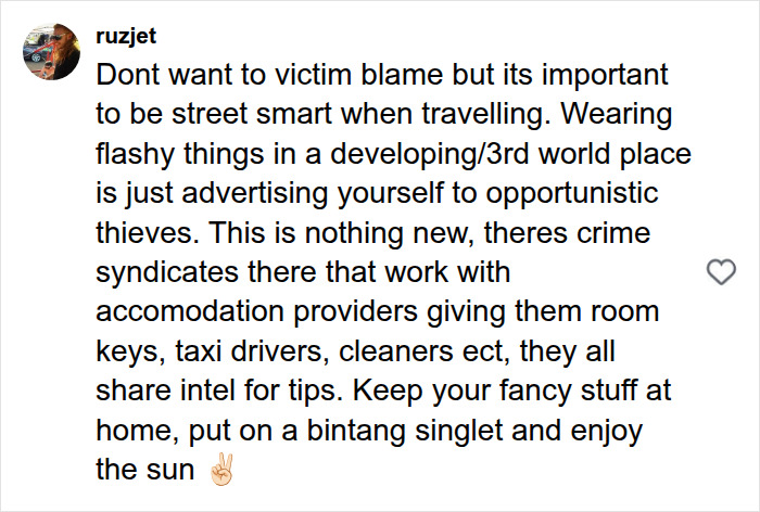 A comment about being street smart when travelling to avoid a nightmare Bali experience, mentioning opportunistic thieves.