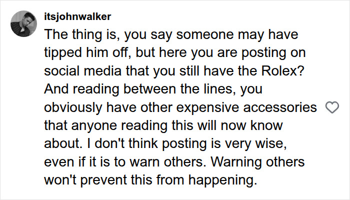A comment about a young woman posting about expensive accessories on social media after a nightmare Bali experience.