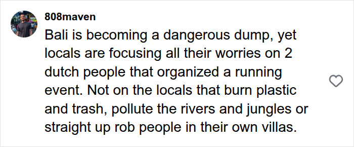 A comment stating Bali is becoming dangerous, with locals focusing on events over crime or pollution, part of a nightmare Bali experience.
