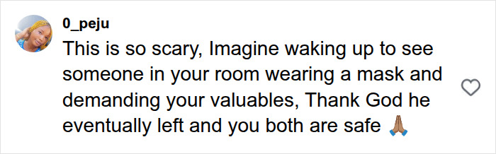 A social media comment expressing fear about a man next to your bed and demanding valuables during a Bali experience.