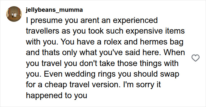 A comment advising travelers not to bring expensive items like Rolex and Hermes on a Bali experience, for safety.