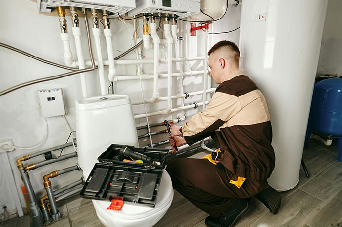 A repairman in a two-tone uniform works on pipes, representing the eventual $950K cost from gaslighting over a Batman toy. A repairman in a two-tone uniform works on pipes, representing the eventual $950K cost from gaslighting over a Batman toy.