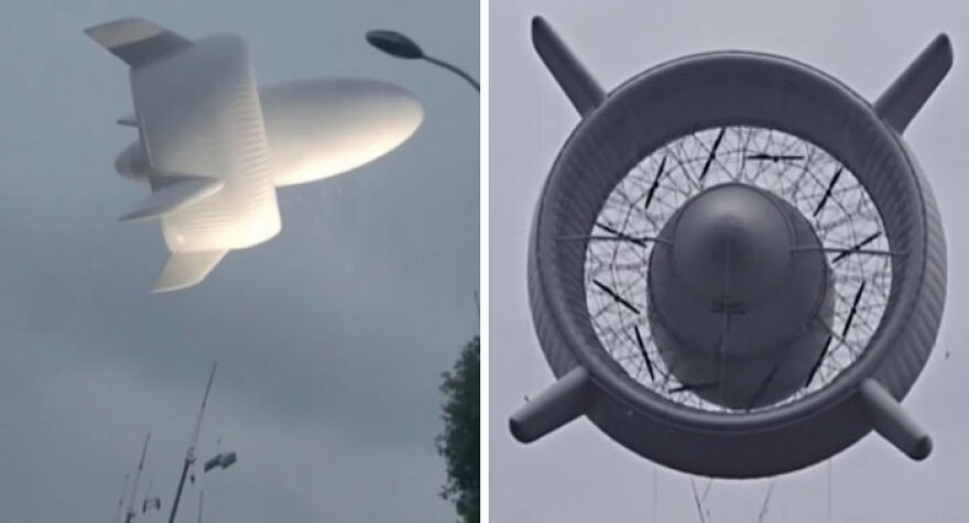 Two images of a strange, futuristic-looking flying object resembling a blimp, one from the side and one head-on, showcasing incredible things happening on Earth.
