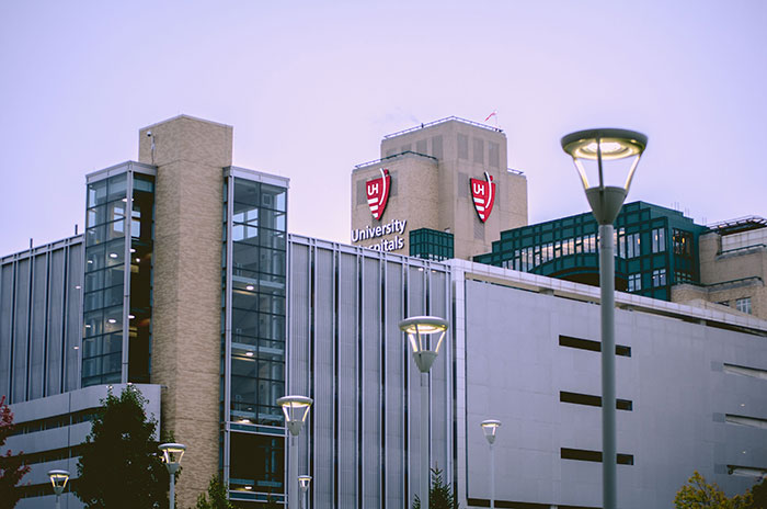 Exterior view of University Hospitals, where many patients receive care and may say unprovoked things.