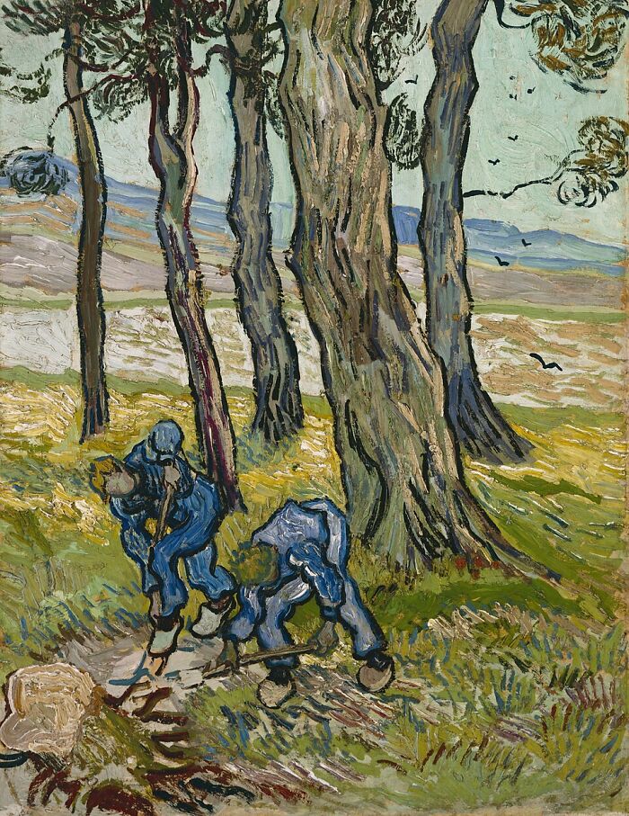 Van Gogh painting depicting two laborers working on a field near trees, a mystery from WWII that is still unsolved.