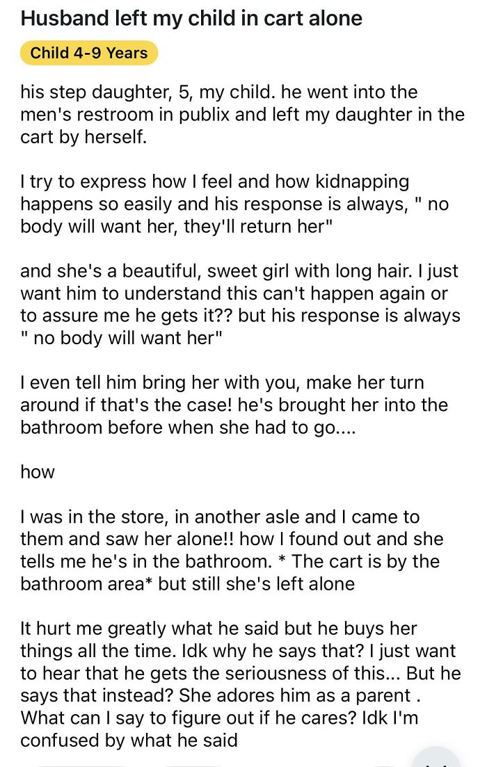 A parent's wrong way to solve a problem, leaving a child alone in a shopping cart.