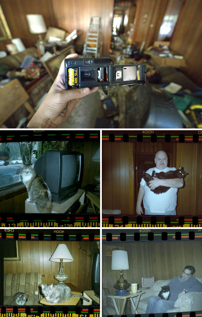 A hand holding a camera, showing film negatives with images of a cat and a man holding a cat, found in abandoned places.