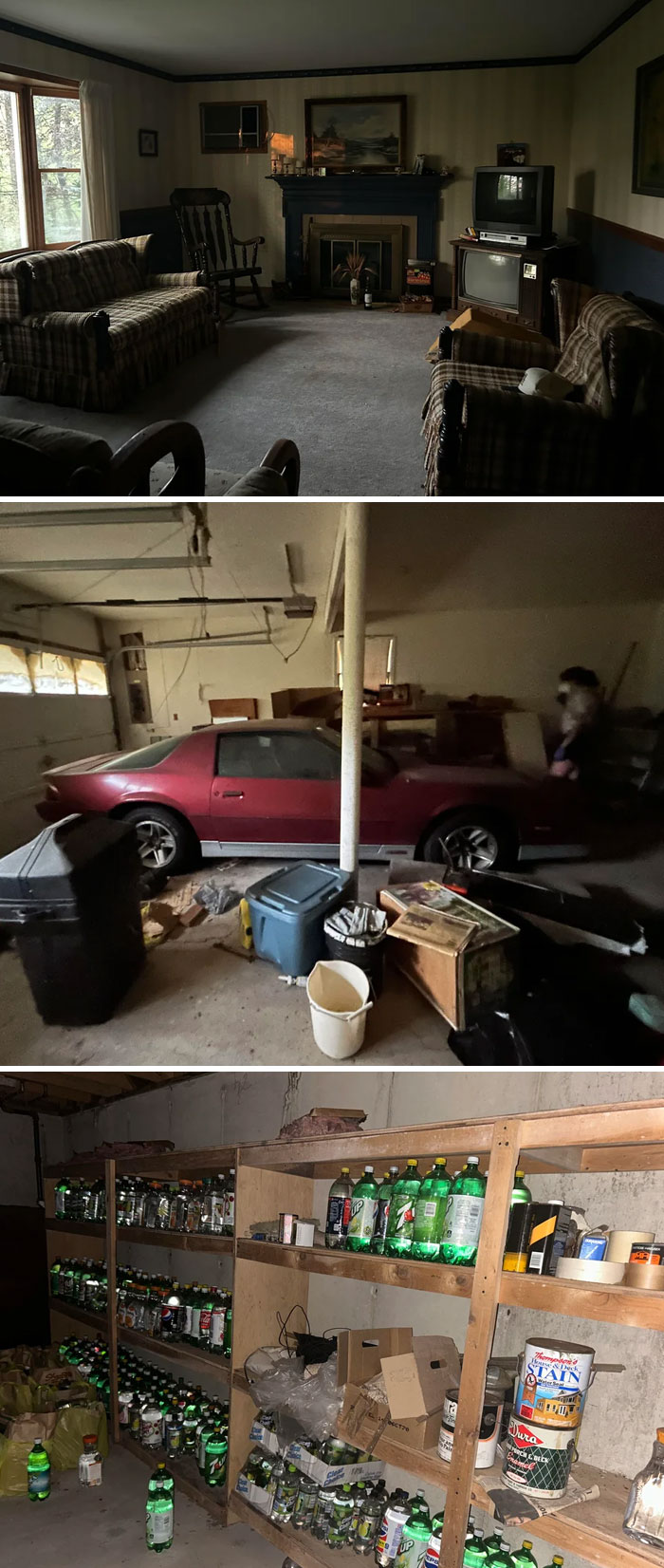An empty, abandoned living room, garage with a red car, and a basement with bottles, found while exploring abandoned places.