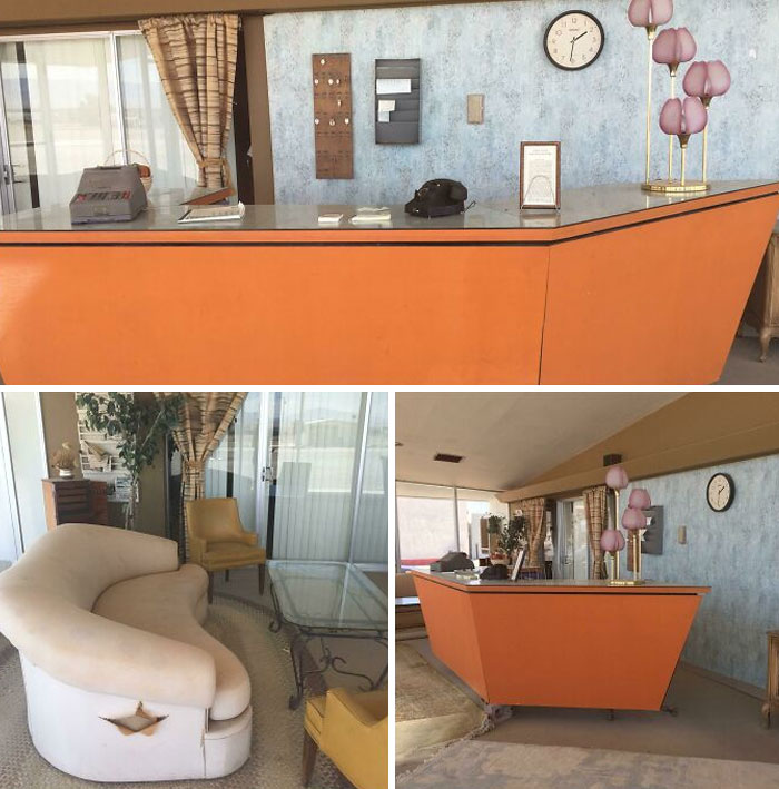 Exploring abandoned places reveals a retro-futuristic motel lobby with an orange desk and vintage decor.