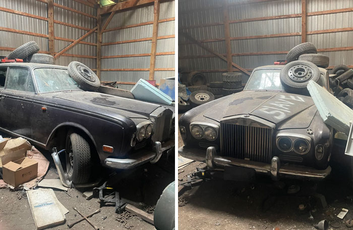 Two views of an abandoned Rolls-Royce, part of exploring abandoned places, covered in dust and stored in a barn.