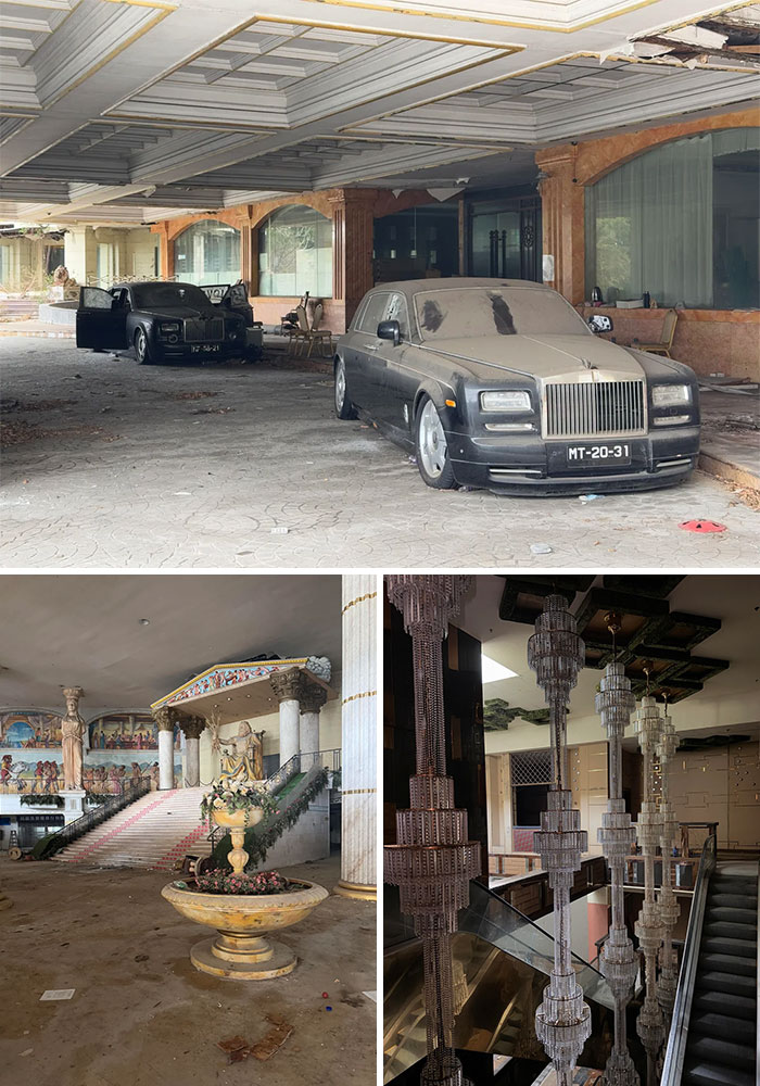 Two dusty luxury cars, a Rolls-Royce and another, parked outside an abandoned, decaying building, exploring unexpected finds.