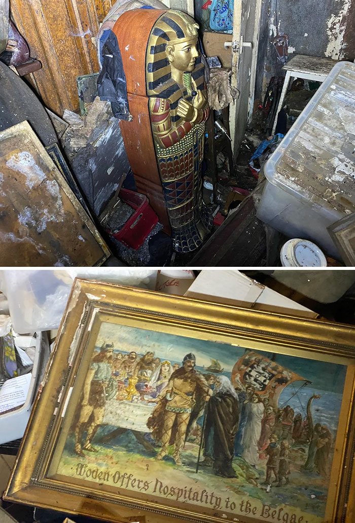 A golden sarcophagus and a framed painting, unexpected finds from exploring abandoned places, are surrounded by debris.