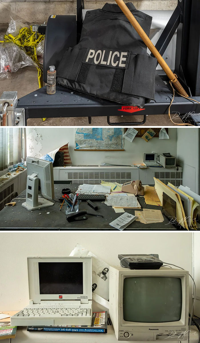 An abandoned police vest and a vintage office with old computers, part of exploring abandoned places.