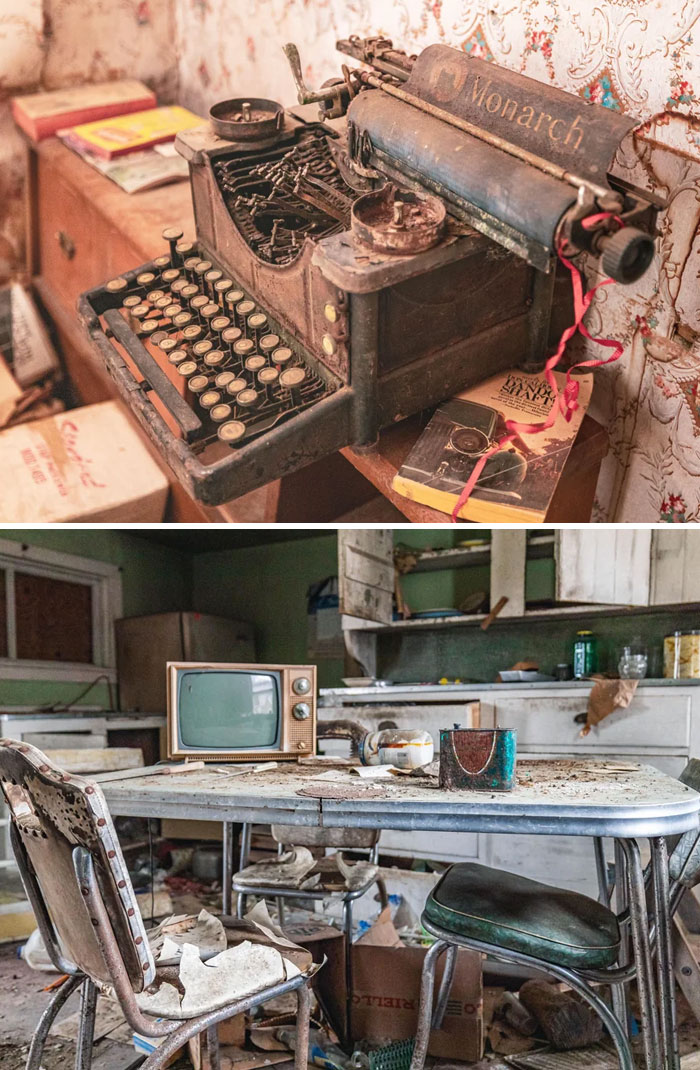 A two-part image showing an old Monarch typewriter and a retro TV on a dirty table in an abandoned room.