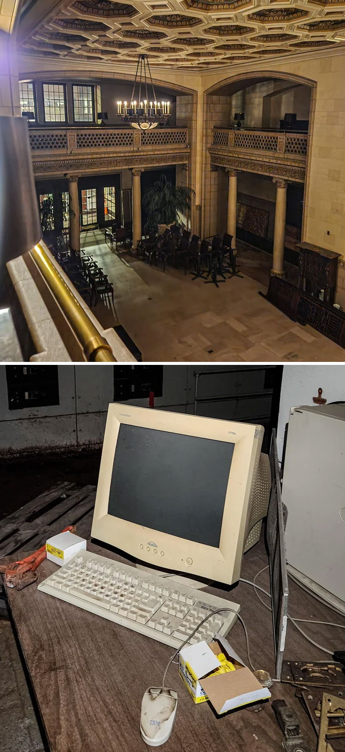 Exploring abandoned places reveals a grand hall with ornate ceilings and a vintage computer setup with a CRT monitor.