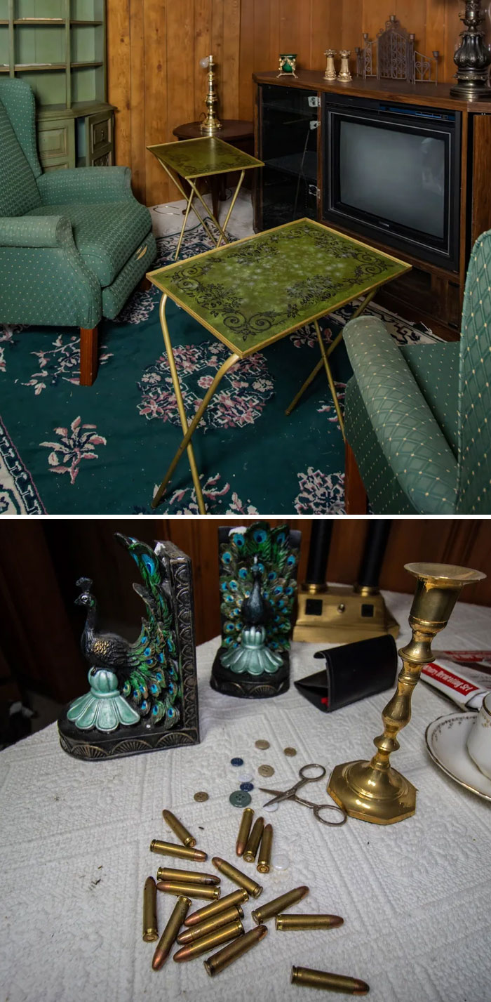 Exploring abandoned places: a living room with green chairs and an old TV, and a close-up of peacock bookends and bullet casings.