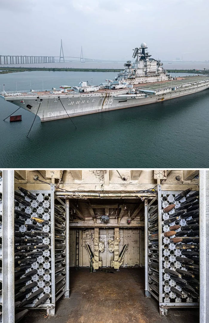 Exploring abandoned places reveals an unexpected aircraft carrier with a vast deck and a hidden munitions room.