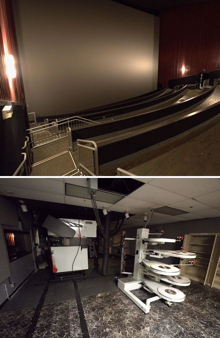 Exploring abandoned places: an abandoned movie theater with a large screen and empty seats, plus a projection room.
