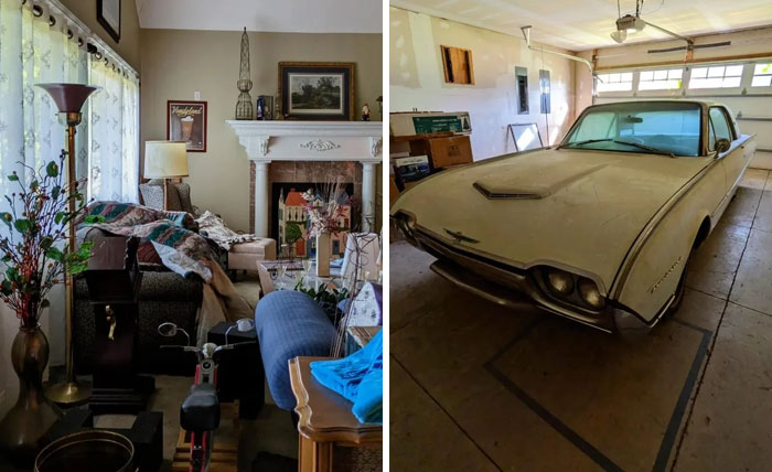 Exploring abandoned places reveals an unexpected living room full of furniture and a classic car in a garage.