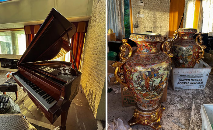 An abandoned grand piano and two ornate vases, found while exploring abandoned places, hinting at past luxury.