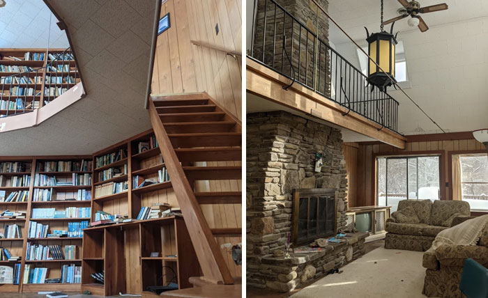 Two views of an abandoned house: a library with a circular shelf and a living room with a stone fireplace, exploring abandoned places.