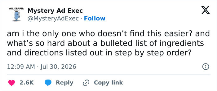 A Twitter post by Mystery Ad Exec, questioning if the reimagined recipes are easier than traditional bulleted lists.