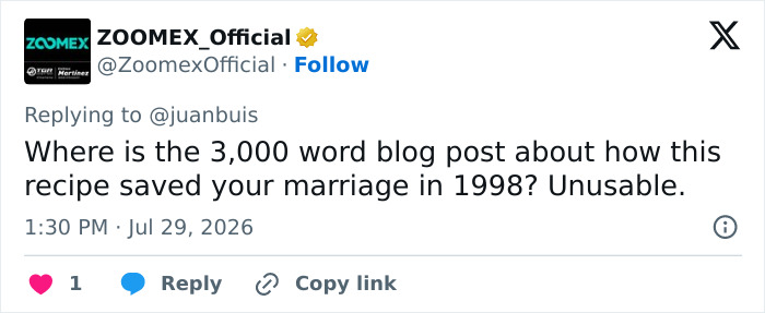 A Twitter comment asking where the 3,000-word blog post is about a recipe, joking about reimagined recipes.