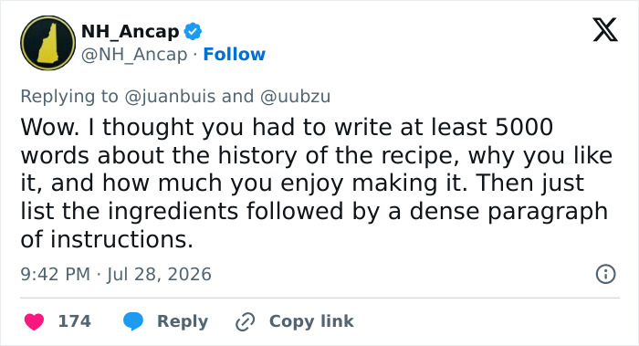 A Twitter comment joking about the usual lengthy recipe introductions versus engineer-reimagined recipes.