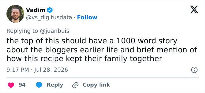 A Twitter comment suggesting a 1000-word story for an engineer-reimagined recipe, satirizing typical recipe blogs.