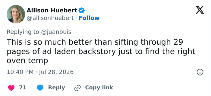 A Twitter post by Allison Huebert about reimagined recipes. She finds the engineer style recipes better than ad-laden ones.