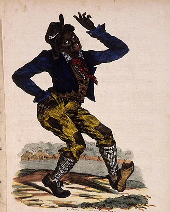An illustration of a minstrel show character in blackface, highlighting historical context for a racist costume. An illustration of a minstrel show character in blackface, highlighting historical context for a racist costume.