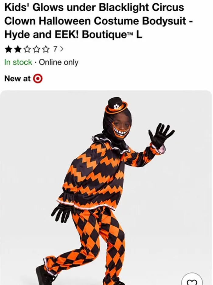 A child in a black and orange clown Halloween costume, central to the Target racist costume apology. A child in a black and orange clown Halloween costume, central to the Target racist costume apology.