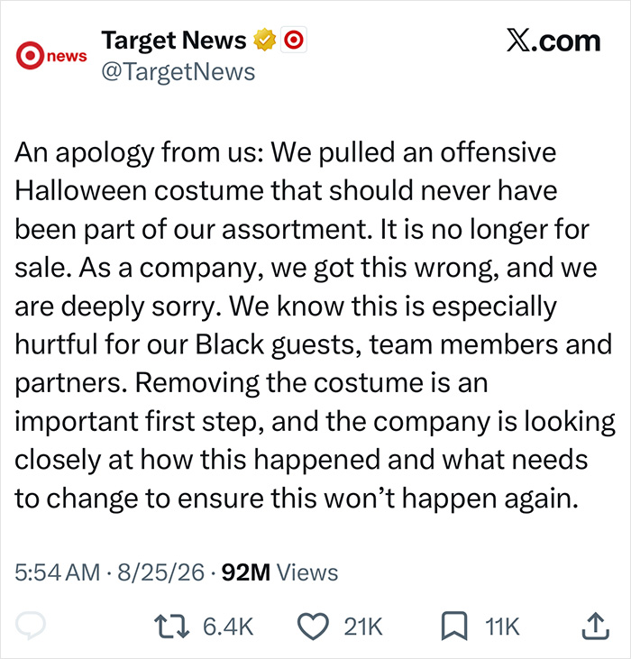 Target's apology statement on X.com (formerly Twitter) regarding their pulled racist costume and backlash. Target's apology statement on X.com (formerly Twitter) regarding their pulled racist costume and backlash.