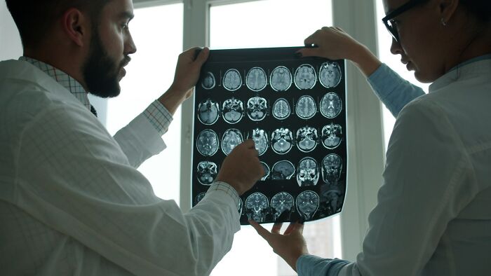 Two doctors in lab coats examining scary science facts from a brain MRI scan.