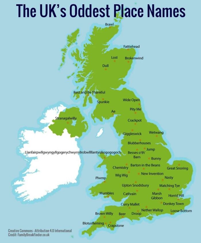 A map of the UK highlighting several towns with humorous, odd place names, exemplifying dry British humor.