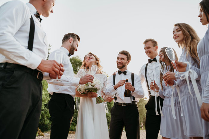 A happy couple and their wedding party celebrating their 4-venue wedding in LA.