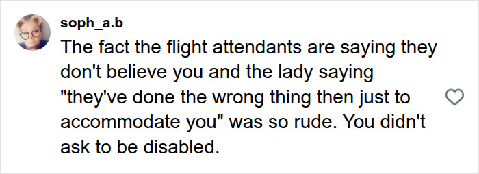 A social media comment from soph_a.b, criticizing airline staff for their rude remarks to a wheelchair advocate. A social media comment from soph_a.b, criticizing airline staff for their rude remarks to a wheelchair advocate.