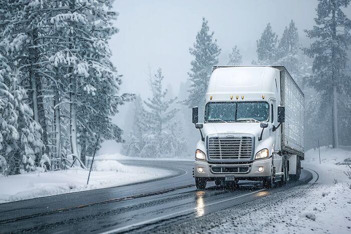A white semi-truck driving on a snow-covered road surrounded by pine trees, a sign from the universe.